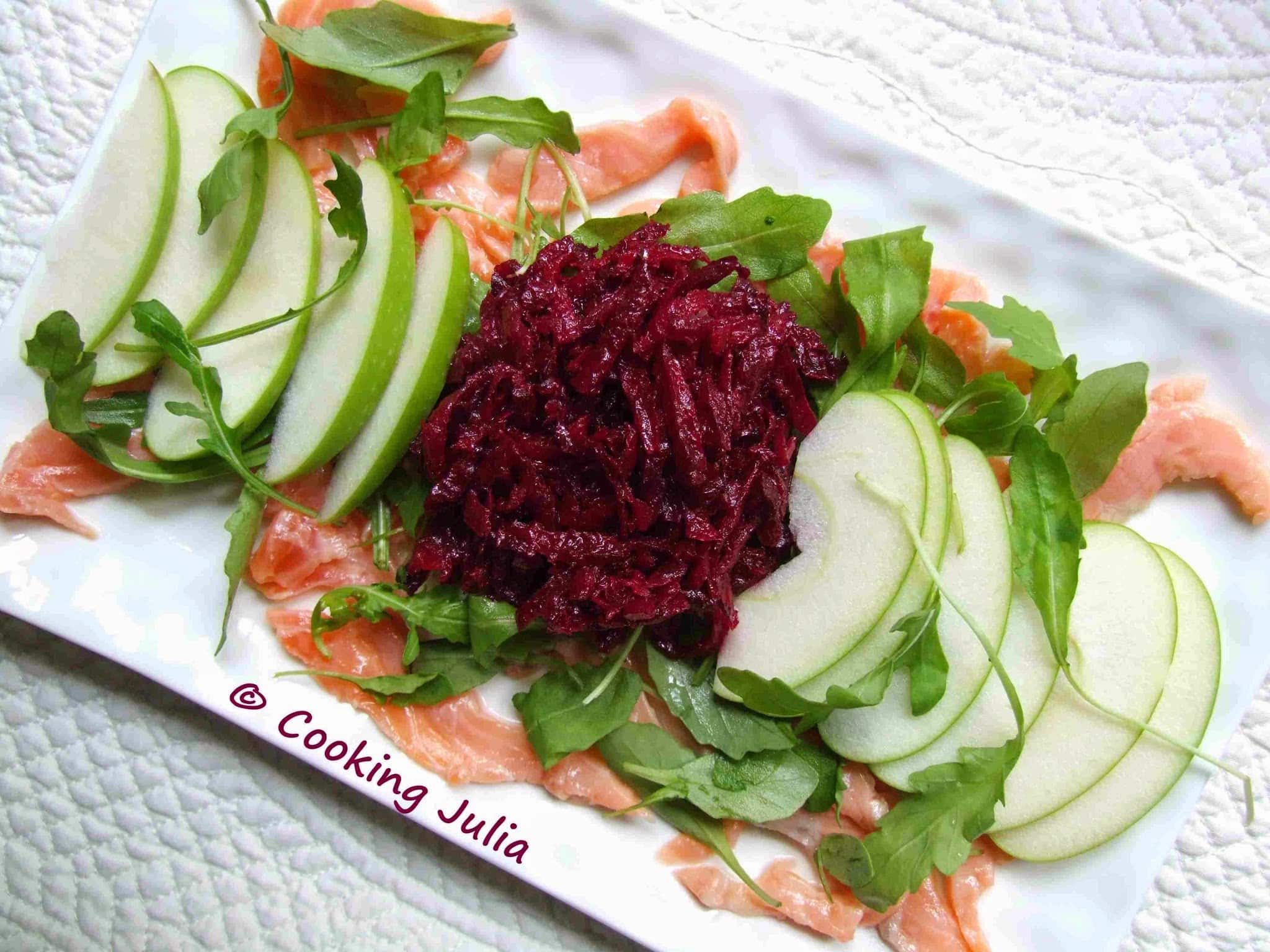SALADE DE SAUMON MARINÉ, BETTERAVE ET POMME VERTE