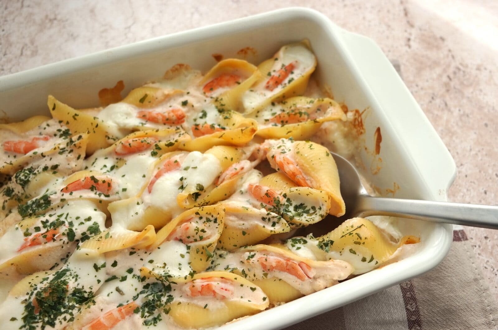 Conchiglioni aux crevettes et Boursin